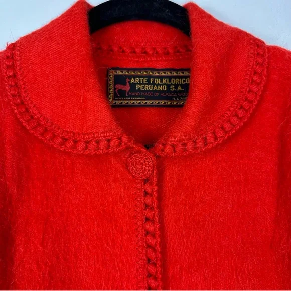 Handmade 100% Alpaca Peru Orange Embroidered Collared Poncho One Size - Picture 4 of 7